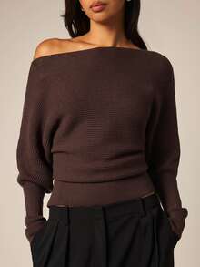 COSMINA Women's Casual Elegant Knit Cold Shoulder Sweater Brunch Dinner Dark Brown Fall - Brown - View 1
