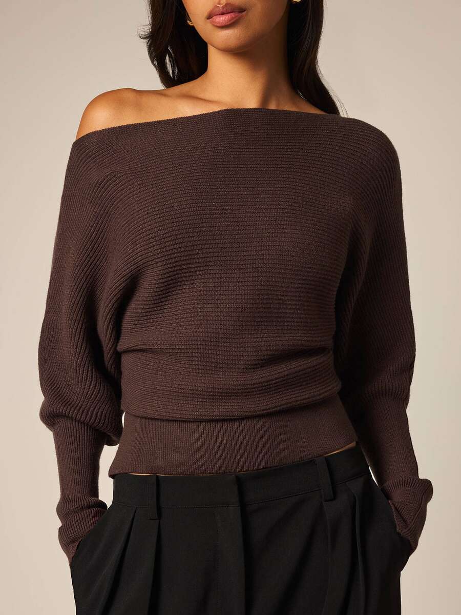 COSMINA Women's Casual Elegant Knit Cold Shoulder Sweater Brunch Dinner Dark Brown Fall - Brown - View 1