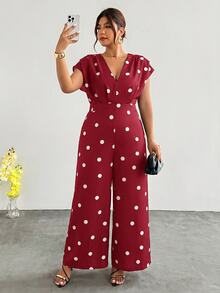 Firerie Plus Size Fashion Polka Dot Print Pleated Loose Jumpsuit - Burgundy - View 6