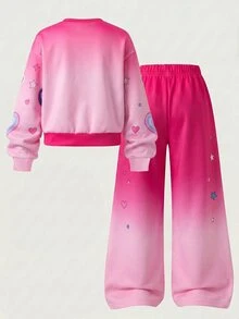 1套女嬰2件式動漫卡通印花衛衣與寬腿褲套裝，休閒粉色長袖套頭上衣與運動長褲套裝 - 彩色 - 查看 2