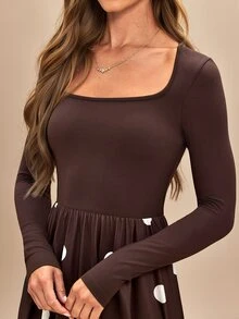 Amorya 女款純色V領拼接波點印花長袖中長洋裝 - 彩色 - 查看 3