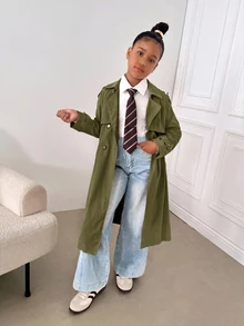 SHEIN 兒童青少年女孩時尚休閒卡其色梭織雙排扣翻領寬鬆長款風衣外套，秋冬款，休閒風格，通勤與街頭穿搭 - 軍綠色 - 查看 3