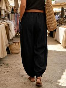 Breezaya Women's Solid Color Pleated Casual Versatile Daily Wear Long Pants - Black - View 2
