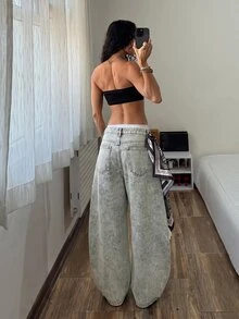 StreetHx 休閒 Y2K 街頭風 Grunge 歐美街頭風復古解構低腰牛仔彎腿褲 外出夜生活淺藍色夏季 - 淺色水洗藍 - 查看 2