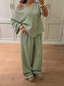 Siren Gaze 女款條紋不對稱領蝙蝠袖T恤與長褲休閒兩件套 - 軍綠色 - 查看 3