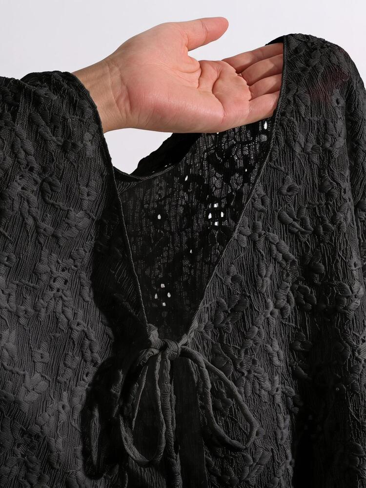 Resyla French Style Camisole Dress Layering Frill Trim Long Sleeve T-Shirt Knit Cover Up Women's Summer Sun Protection Top - Black - View 3