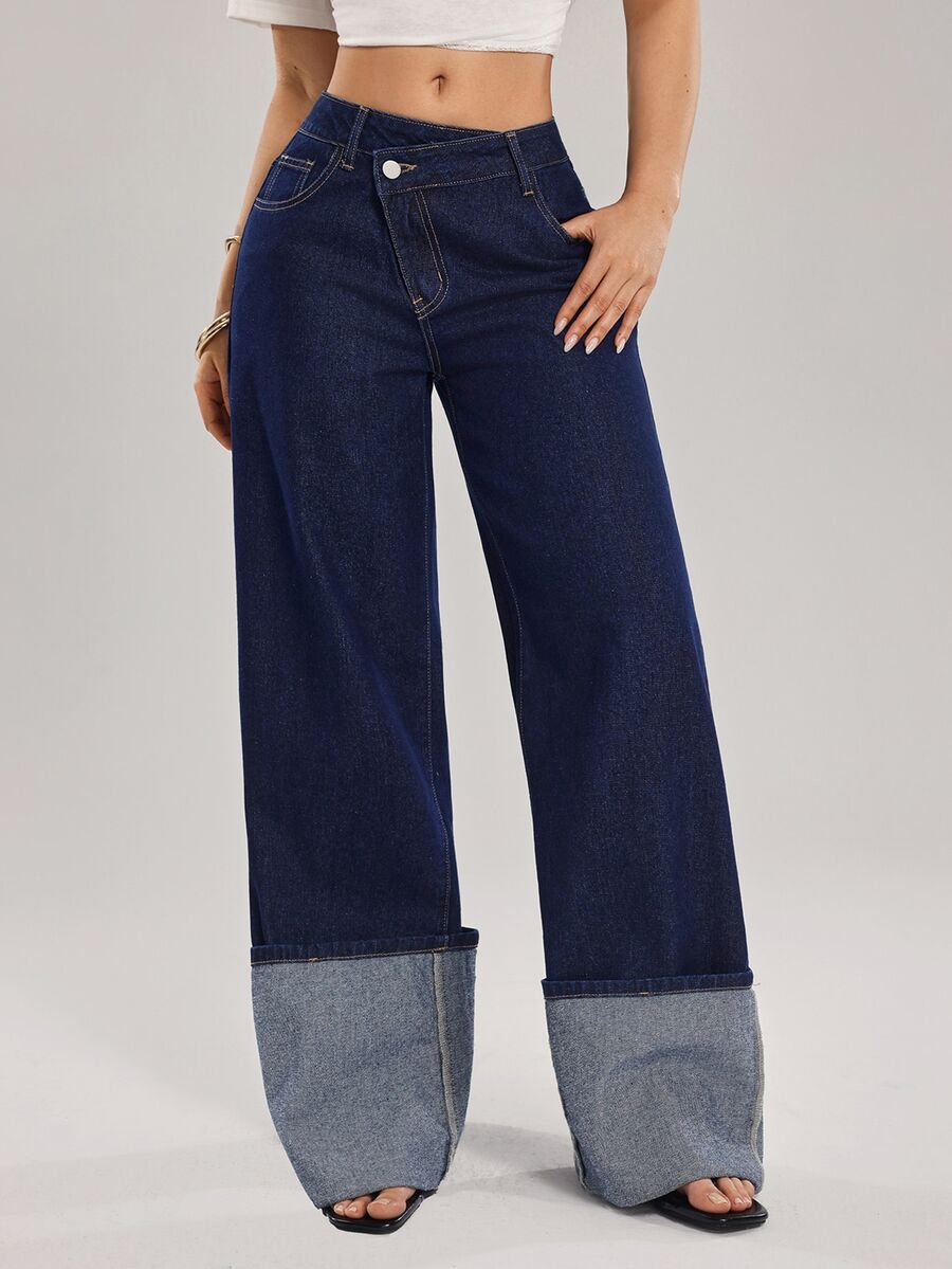 SHEIN Tall 女款時尚通勤不對稱腰線牛仔褲 - 深色水洗藍 - 查看 1