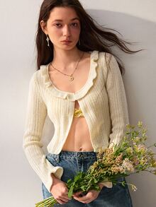 Willow Rêve Cardigan Rajut Pendek Wanita Warna Putih Krem, Kerah Bulat Berkerut dengan Manset Mengembang, Warna Polos Gaya Prancis Kasual Romantis, Cocok untuk Kencan dan Pesta Musim Gugur - Krim - View 1