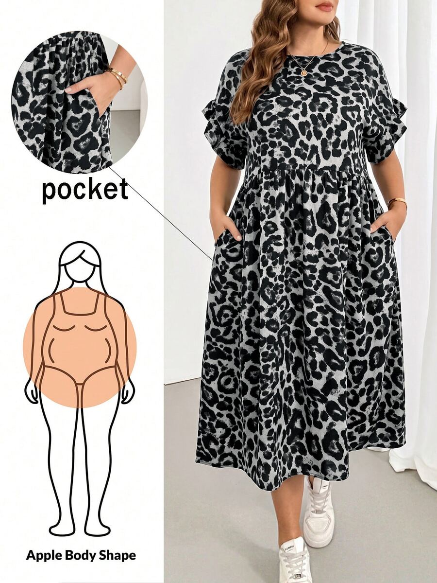 SHEIN Essnce Plus Size Women's Spring Summer Fashion Casual Loose Cool Comfortable Daily All-Match Versatile Slimming Brown Leopard Print Ruffle Short Sleeve Midi Dress With Pockets, Outing Outfit, Vacation Dress - Grey - View 1