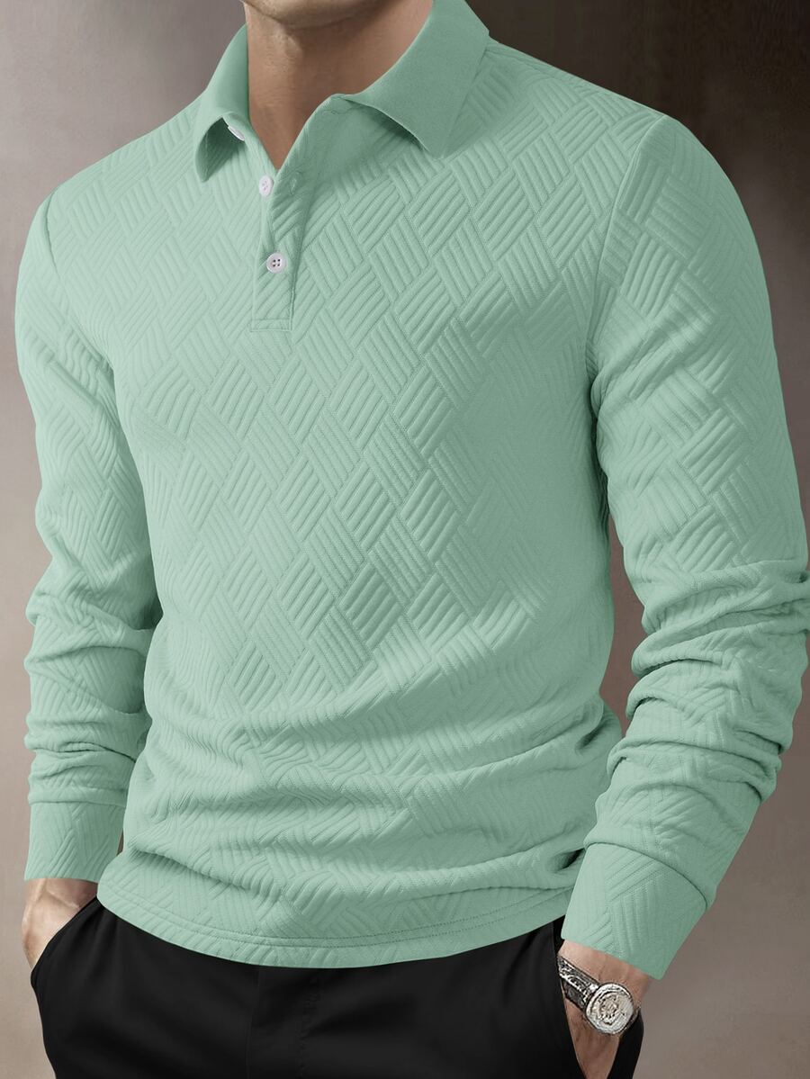 Calvornis Men's Solid Color Casual Commute Long Sleeve Polo Shirt - Green - View 1