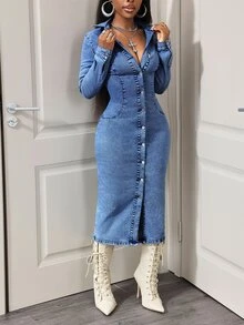 Slaydiva Gaun Denim Ukuran Besar Slim Fit Model Terbaru Musim Panas - Biru - View 4
