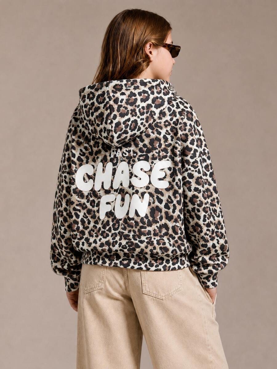 SHEIN Gorro de peluche con estampado de leopardo y patrón de estrella de cinco puntas, estilo casual de calle para niña preadolescente, adecuado para ropa de calle y sudaderas - Marrón - Ver 1