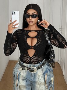 Maweii بودي سوت نسائي مقاس كبير مثير بفتحات وأكمام طويلة - الأسود - مشاهدة 4