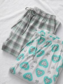 SHEIN Women Cotton 2 Pcs Fake Drawstring Solid Color Sleep Pants Home Wear Comfort Set - Multicolor - View 4