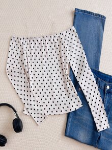 Teen Girl Polka Dot Print Off-Shoulder Long Sleeve Fashion T-Shirt - White - View 3