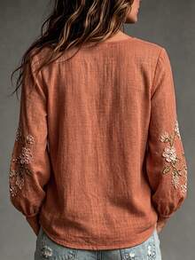 SHEIN Holidaya Autumn Elegant Vacation Long Sleeve Floral Print Women's Blouse, Suitable For Party, Gathering, Shopping, Commuting - Coral Orange - View 2