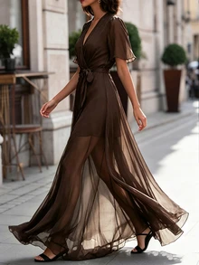 SHEIN Women's Mesh V-Neck Pleated Casual Party Long Dress - Brown - View 3