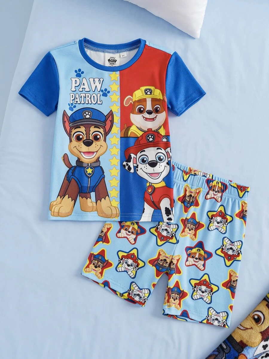 SHEIN | PAW Patrol 小男孩卡通印花拼色上衣與短褲套裝 貼身居家服 - 藍色 - 查看 1