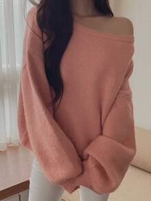 DAZY Women's Solid Color Loose Asymmetric Neck Long Sleeve Lantern Sleeve Casual Vacation Autumn/Winter Knit Sweater - Pink - View 6