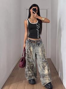 Fiercella Fiercella 女款春夏黑色百搭通勤U領銀色字母印花街頭風修身辣妹學院風返校背心 - 黑與白 - 查看 5