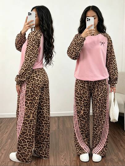 Sparklyn Teen Girls Pink Crew Neck Sweatshirt & Side Stripe Wide Leg Sweatpants 2-Piece Set, Bow Print Graphic Casual Sportswear Outfit, Suitable For Daily Wear, Sports, Best Friend Outings, All-Season Styling