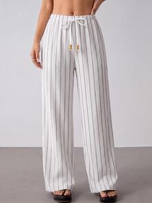Breezaya Women's Drawstring Waist Striped Casual Versatile Cover-Up Long Pants - White - View 3