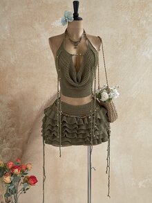 Soleia Women's Plus Size Olive Green Knit Vacation Set - Army Green - View 5