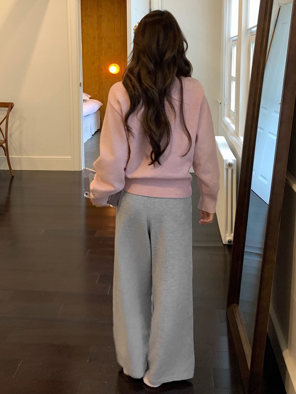 Autumn/Winter Knit Cute Puppy Pattern Loose Long Sleeve Top & Straight Leg Long Pajama Pants 2pcs Set Women's Sleepwear