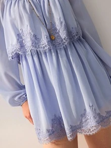Willow Rêve 女款淺藍色寬鬆雪紡迷你洋裝，蕾絲飾邊，方領，雙層下擺，復古可愛浪漫田園風，適合秋季度假、派對、早午餐 - 紫色 - 查看 6