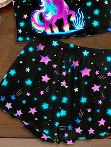 螢光效果！可愛獨角獸與星星圖案，青少年女孩休閒極簡修身細肩帶上衣與短褲套裝，韓系風格，舒適時尚童裝，Y2K，卡哇伊，派對，日常，度假，可愛，舒適 - 彩色 - 查看 5