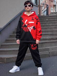 SHEIN 兒童青少年男孩休閒聖誕紅色連帽衛衣與黑色運動長褲套裝，適合秋冬、學校、家庭聚會、度假、派對，男孩套裝 - 彩色 - 查看 3