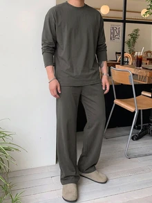 DAZY 春秋長袖T恤與彈性腰長褲2件套，灰色針織面料，韓系男士風格 - 深灰色 - 查看 6
