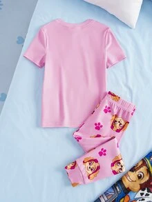 SHEIN | PAW Patrol 女童字母卡通印花短袖上衣與長褲休閒居家睡衣套裝 - 彩色 - 查看 2