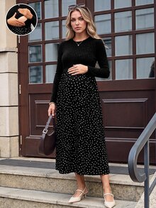 SHEIN Maternity Patchwork Polka Dot Pattern Round Neck Long Sleeve Nursing Dress - Black - View 5