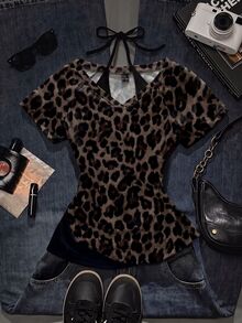 Attitoon 女款休閒復古修身 2 合 1 T恤，豹紋印花 T恤 - 彩色 - 查看 3