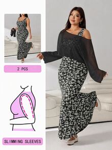 Solflare Plus Size Women's Floral Print Dress And Long Sleeve Top Fashion Set - Black - View 1