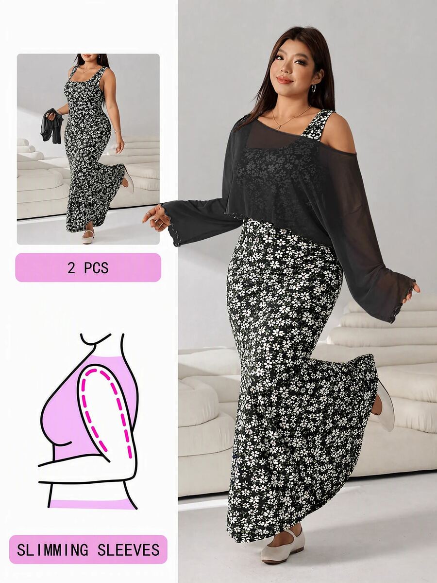 Solflare Plus Size Women's Floral Print Dress And Long Sleeve Top Fashion Set - Black - View 1