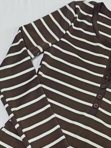 IslaSuriya Women's V-Neck Striped Fitted Long Sleeve Top - Coffee Brown - View 3