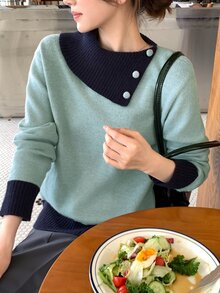 DAZY 淺藍色對比深藍色領口鈕扣裝飾寬鬆長袖休閒百搭針織毛衣 秋季 - 薄荷藍 - 查看 3
