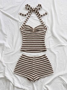 Soleia Women's Plus Size Brown Striped Halter Tank Top And Shorts Vacation 2 Pieces Set - Multicolor - View 2