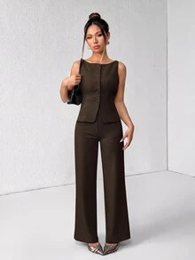 SHEIN PETITE 女款純色圓領單排扣背心與長褲套裝，優雅休閒通勤西裝風，夏秋服飾套裝，辦公商務穿搭 - 咖啡棕 - 查看 8