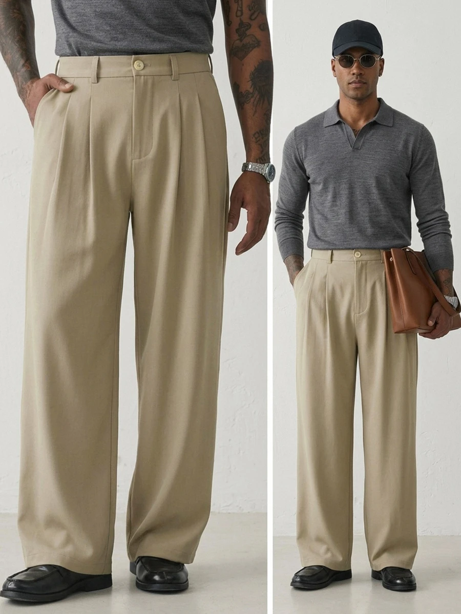 DAZY Spring/Autumn Commute Light Khaki Semi-Elastic Waist Slightly Loose Straight Leg Men's Pants - Khaki - View 1