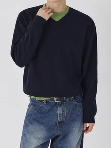 DAZY Autumn/Winter Navy Blue Solid V-Neck Ribbed Hem And Cuff Korean Style Men's Sweater - Navy Blue - View 6