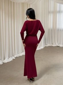 Aloruh Vestido largo de manga larga para mujer, nuevo para otoño/invierno, color rojo liso, versátil, elegante, intelectual, minimalista, para oficina y desplazamientos, con cintura ceñida, decoración plisada y corte sirena - Rojo - Ver 3