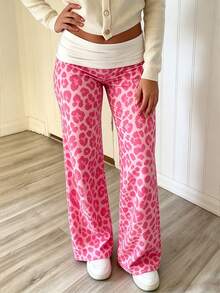 Sundraya Pink Leopard Print Low Waist Flared Casual Pants Y2K Retro Contrast Color Cuffed Elastic Flare Long Pants Sexy Slim Fit Leopard Print Knit Flared Long Pants - Multicolor - View 5