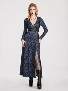Breakform Gothic Goth Halloween Sexy Long Printed Lace-Up Long Sleeve Dress With Snake Pattern, Dark Romantic Style Night Fall - Multicolor - View 3