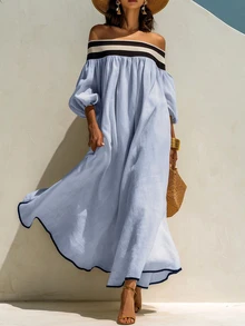 Linhara CURVE Plus Size Striped Elastic Off-Shoulder Puff 3/4 Sleeve Flowy Loose Dress Fall - Blue - View 1