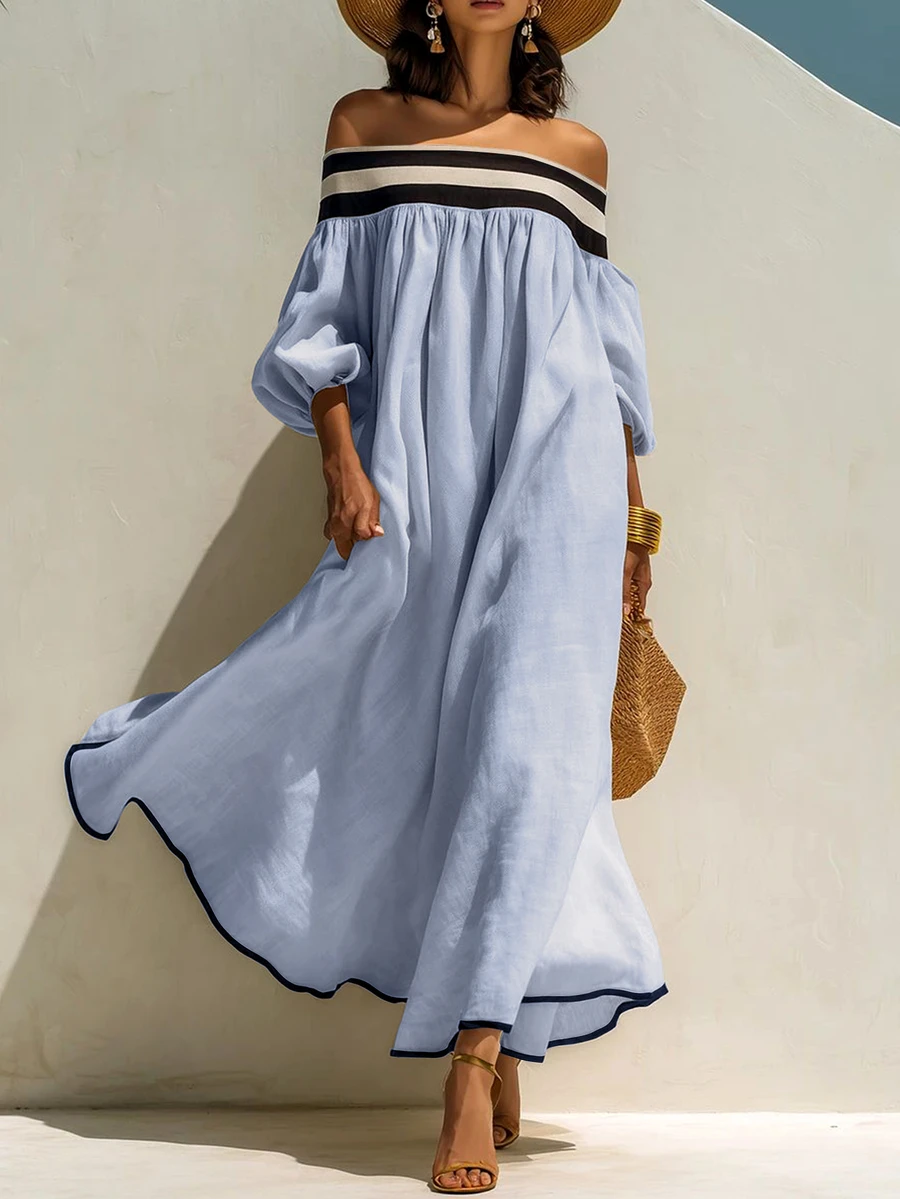 Linhara CURVE Plus Size Striped Elastic Off-Shoulder Puff 3/4 Sleeve Flowy Loose Dress Fall - Blue - View 1