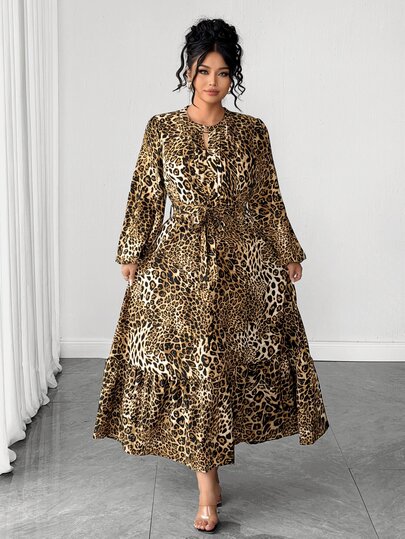 Elenzga Plus Size Autumn/Winter Fashion Elegant Street Style Leopard Print Dress With Small Stand Collar, Metal Buckle, Waist Tie