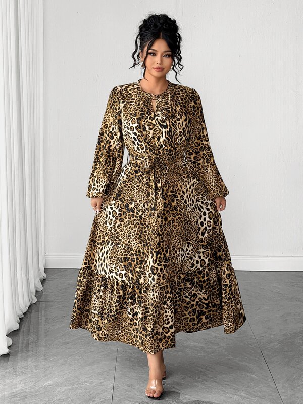 Elenzga Plus Size Autumn/Winter Fashion Elegant Street Style Leopard Print Dress With Small Stand Collar, Metal Buckle, Waist Tie